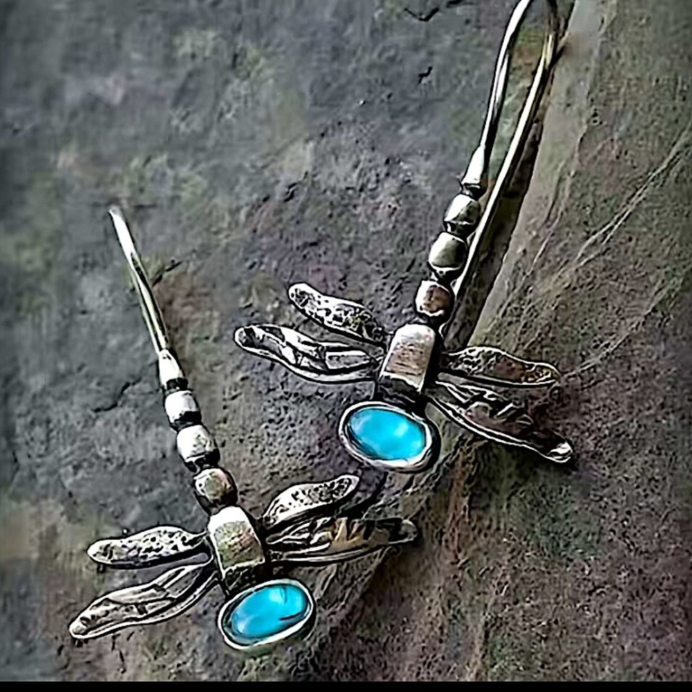 Silver Dragonfly Moonstone Hook Boho Vintage Earrings